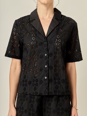 English Factory Floral Eyelet Cotton Camp Shirt in Black XS